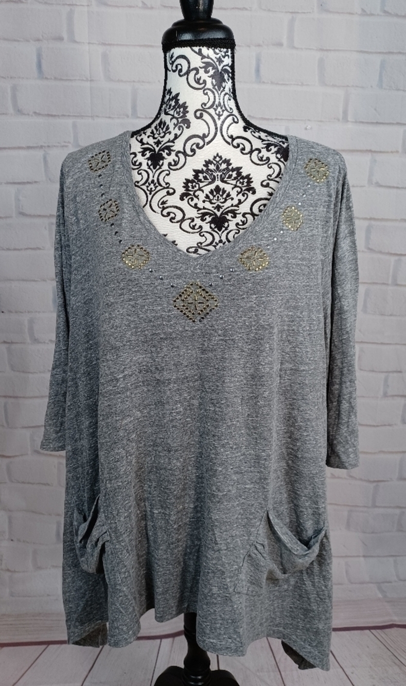 French Laundry women's long sleeve stretch knit beaded front top 2x pockets BB10